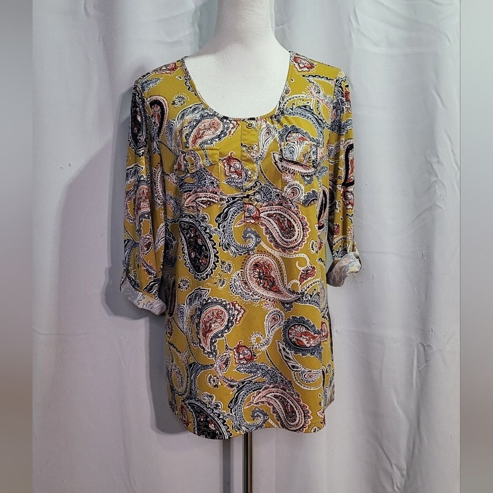 PerSeption Concept Women's Yellow Paisley Print Roll Tab 3/4 Sleeve Blouse Sz XL - Picture 3 of 11